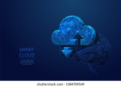 Brain cloud storage. Low poly wireframe. Cloud and mind. Abstract vector illustration and device. Starry sky blue polygonal art.