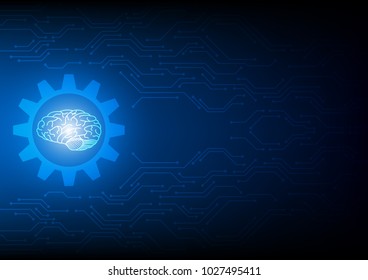 Brain in the cogwheel on circuit board with solar flare inside, Technology abstract and innovation concept, Vector illustration background.