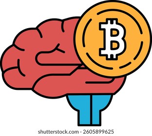 A brain with a coin on it that says B. The coin is orange and the brain is red