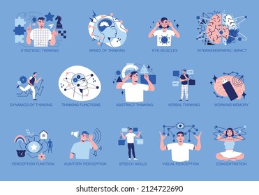 Brain Color Set Of Isolated Images With Text Captions And Human Characters With Abstract Perception Icons Vector Illustration