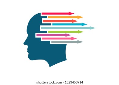 Brain with Colored Arrows generating ideas Concept . Vector logo