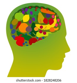 Brain with colorful fruits and vegetables, as a symbol for healthy, nutritious, vitamin rich food for health conscious vegans and vegetarians. Vector illustration on white background.
