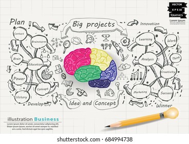 Brain  colorful - Icon plan Text various  -  modern Idea and Concept Vector illustration Business Infographic template with Pencil.