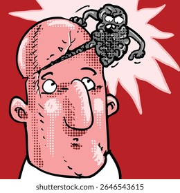 o cérebro saindo da cabeça do homem do desenho animado e deixando seu corpo, está lhe dizendo algo, uma engraçada ilustração vetorial. 