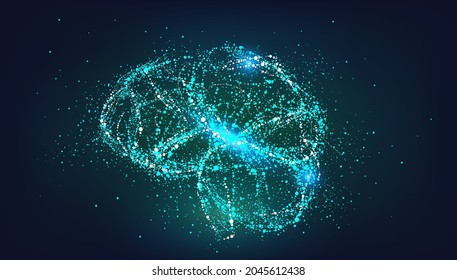 El cerebro está compuesto de partículas en el fondo oscuro.  Resumen del fondo de negocio vectorial.