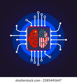 The brain computer chip is split in half, with one side embossed with the Chinese flag and the other with the American flag, representing the competition in artificial intelligence and technology.