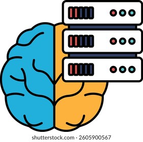 A brain with a computer inside of it. The computer is a server. The server is blue and yellow