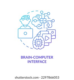 Brain computer interface blue gradient concept icon. Control processes. Metaverse technology abstract idea thin line illustration. Isolated outline drawing. Myriad Pro-Bold font used