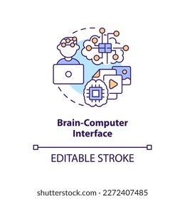 Brain computer interface concept icon. Control processes. Metaverse technology abstract idea thin line illustration. Isolated outline drawing. Editable stroke. Arial, Myriad Pro-Bold fonts used
