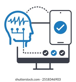 Brain Computer Interface Icon. Showcases a human head with neural connections to a computer, symbolizing. Head with wave, smartphone check mark and monitor icon. Flat illustration. 