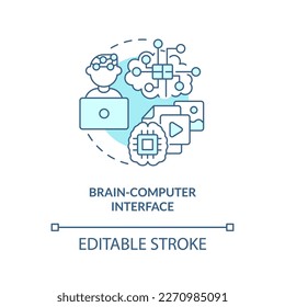 Brain computer interface turquoise concept icon. Metaverse technology abstract idea thin line illustration. Isolated outline drawing. Editable stroke. Arial, Myriad Pro-Bold fonts used