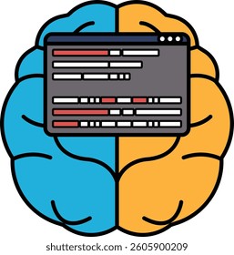 A brain with a computer screen on it. The computer screen is displaying a code. The brain is blue and orange