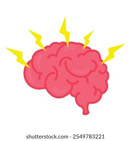 brain concept illustration and lightning sign on it, stress, headache, flat style vector illustration.