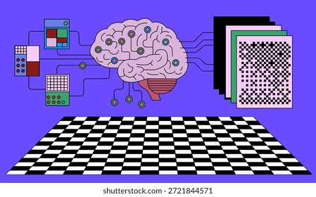 Cerebro conectado por nodos coloridos y cables para ingresar paneles de datos a la izquierda y pantallas de salida en capas con patrones a la derecha, colocadas sobre un fondo púrpura con un piso a cuadros. Ilustración vectorial conceptual para inteligencia artificial, redes neuronales, aprendizaje profundo, procesamiento de datos y temas de IA generativo.