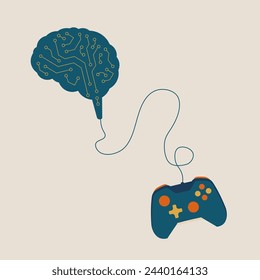 brain connected to the controller joystick. Game time. Brain games. Stock vector illustration isolated on white background.