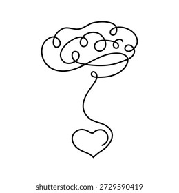 Brain connecting to heart in one continuous line art. Concept of intellect emotional balance, mental health, psychology support, love thinking. Vector illustration
