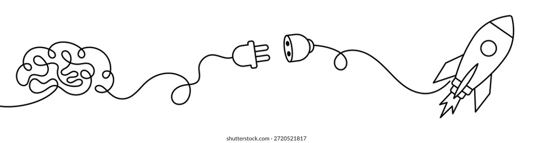Cerebro Conectando a Rocket a través de Power Plug Mostrando Energía Mental, Lanzamiento de Startup, Motivación, Proceso de Innovación, Pensamiento Creativo, Crecimiento de Negocios y Concepto de Desarrollo Estratégico