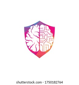 Brain connection shield shape concept logo design. digital brain logo template.