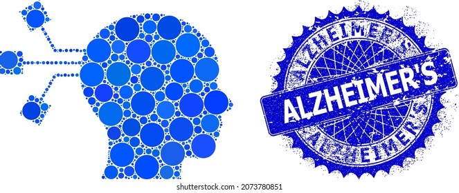 Brain connection vector collage of round dots in different sizes and blue color shades, and grunge Alzheimer'S stamp seal. Blue round sharp rosette stamp seal has Alzheimer'S text inside it.
