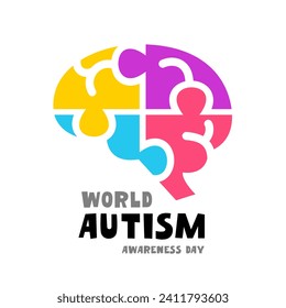 A brain consisting of four colorful puzzle pieces. World Autism Awareness Day. Vector illustration on a white background.