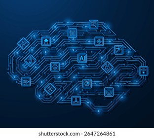 The brain consists of electronic tracks of a printed circuit board and microcircuits. The concept of artificial intelligence, digital neural network and information processing.
