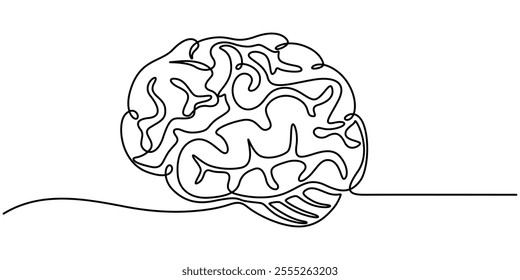 Brain continuous one line drawing, Continuous one line drawing of human brain. Hand drawn minimalism style. brain line art vector illustration, Human brain single line art, continuous one