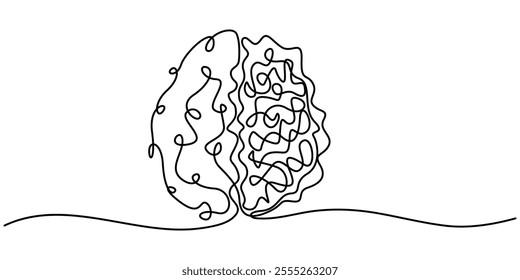 Brain continuous one line drawing, Continuous one line drawing of human brain. Hand drawn minimalism style. brain line art vector illustration, Human brain single line art, continuous one