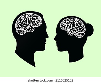 brain convolutions in male and female black human head silhouette, flat vector illustration