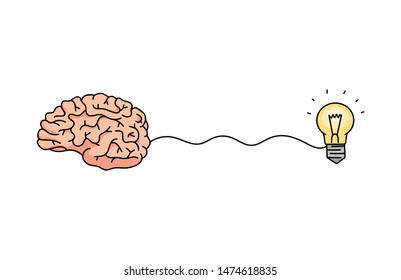 Brain creating an idea    cartoon hand drawn icon connected to light bulb symbol and wavy line  easy   correct way problem solving  human head   mind concept    isolated vector illustration