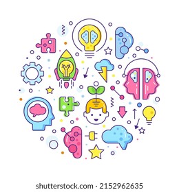 Brain and Creative Mind Design with Line Icon Arranged in Circle Vector Template