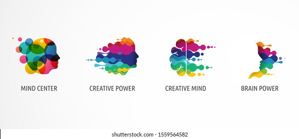 Brain, Creative mind, learning and design icons, logos. Man head, people symbols