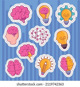 brain creativity and innovation, stickers set