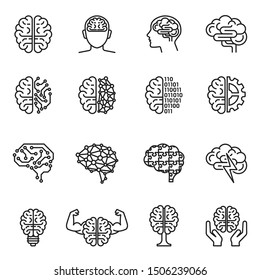 Brain, Creativity, Novel Idea, Mind Or Intelligence Icon Set With White Background. Thin Line Style Stock Vector.