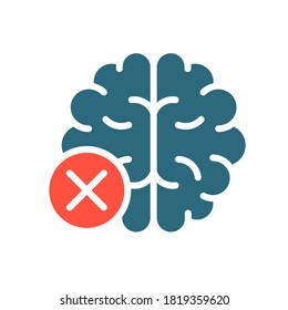 Brain with cross checkmark colored icon. Diseased internal organ symbol