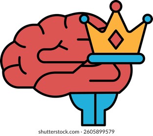 A brain with a crown on top of it. The brain is red and the crown is yellow
