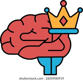 A brain with a crown on top of it. The brain is red and the crown is yellow