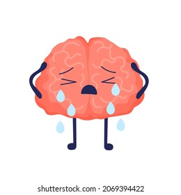 Brain is crying. Upset depressive sad cartoon brain. Mental health. Cute human internal organs. Stock vector illustration isolated on white background.