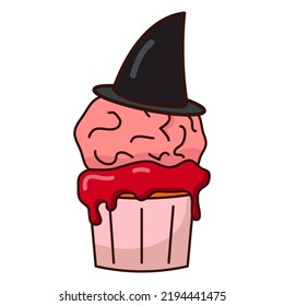 Brain Cupcake. Halloween candy. Cartoon brain in a witch hat on a muffin.