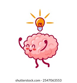 Brain. Cute cartoon character in kawaii style. Concept of idea, insight. Eureka. Healthy organ, nervous system. Vector illustration, flat style. Health and mental problems. Medical brochure template.