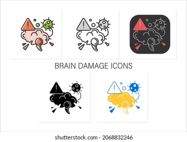 Brain Damage Icons Set.Covid Disease Molecule Attack Brain.Corona Virus Neurology Symptoms Danger, Cerebral Dysfunction.Collection Of Icons In Linear,filled, Color Styles.Isolated Vector Illustrations