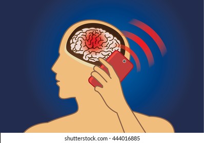 Brain damage from using mobile phone radiation in a long time. Medical illustration