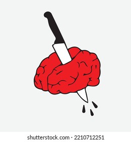 Brain damaged knife out illustration, symbol, hand, vector, sign, icon, isolated, art, cartoon, drawing, design, retro, line, concept, graphic, doodle, drawn, crazy, cute, red clip, object, bleed, fun