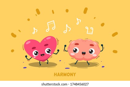 A brain is dancing together with heart. Isolated Vector Illustration
