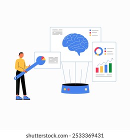 Brain Data Analysis With Male Specialist In Flat Vector Illustration Symbolizing Artificial Intelligence, Data Science, And Machine Learning, Isolated On White Background