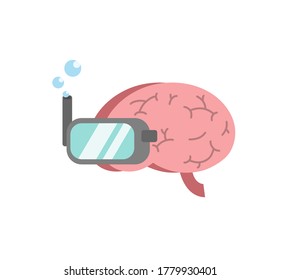 Brain in deep thoughts state, a hand drawn vector flat design illustration of a brain wearing diving googles dives deep in thought.