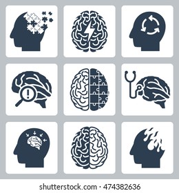 Brain degenerative diseases, memory loss related icon set