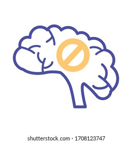 brain with denied symbol mental health line style vector illustration design