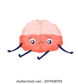 Brain. Depressive cartoon sad tired brain. Apathy and fatigue, burnout. Cute internal organs. Stock vector illustration isolated on white background.