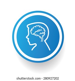 Brain design icon on blue button,white background,clean vector