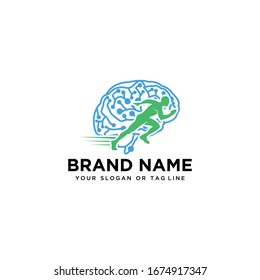 brain design logo and human running vector template